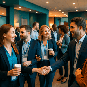 A bright energetic conference setting with people networking and engaging modern professional environment with warm lighting teal and blue tones-1